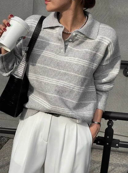 [5% WOOL] Collar Striped Loose Fit Sweater (4 colors)