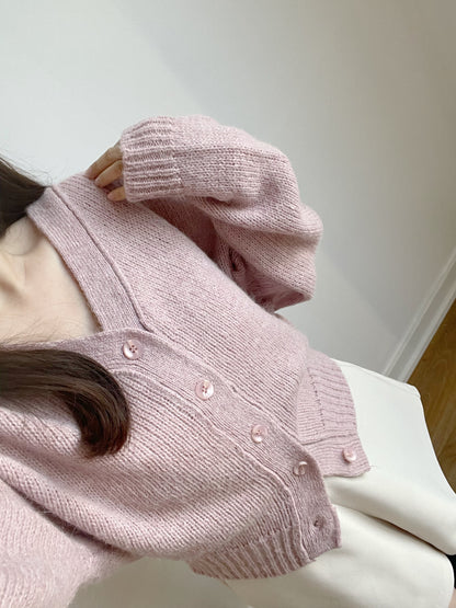 [10% WOOL] V-neck Warm Knit Cardigan (Pinkish purple)