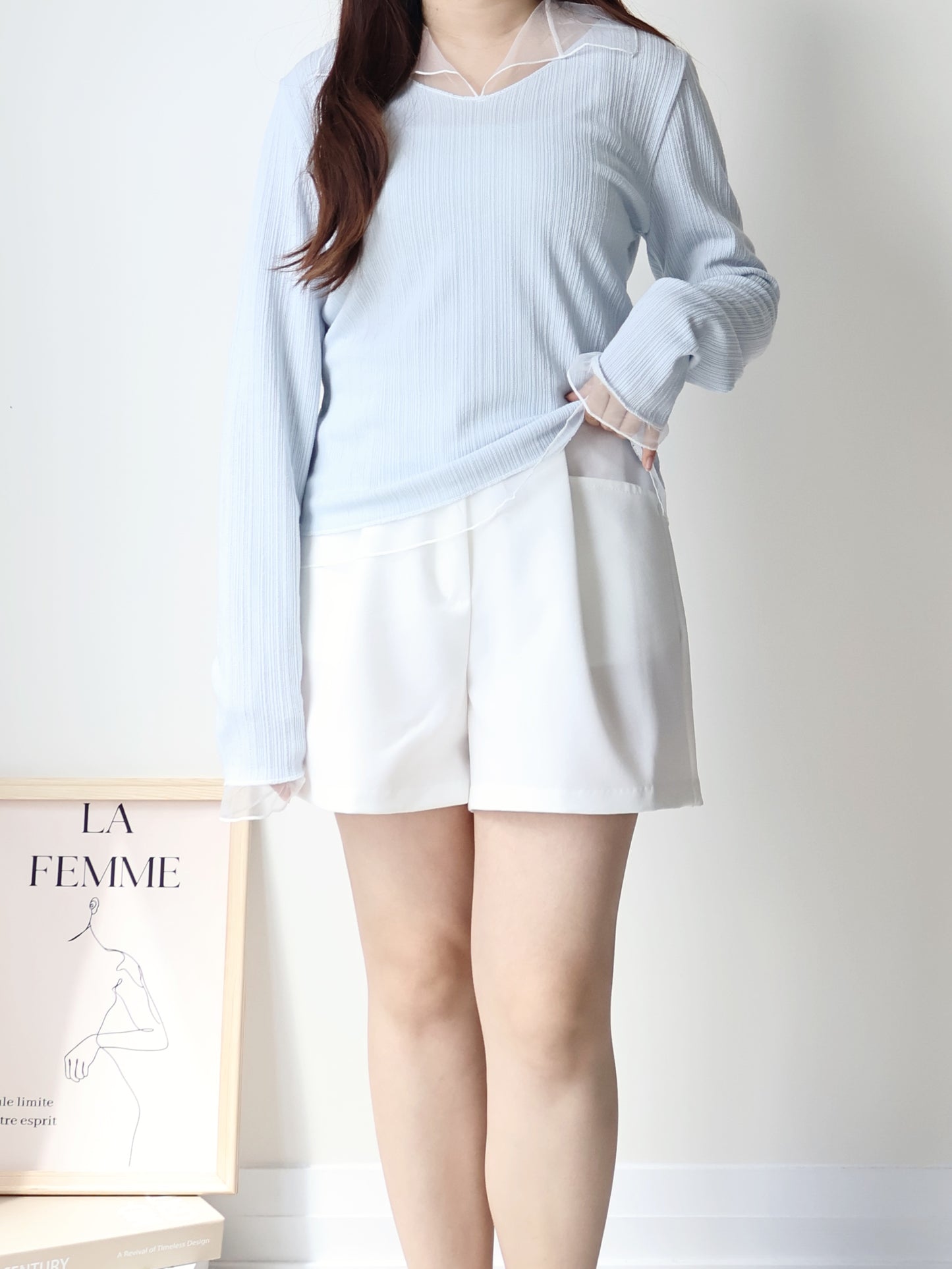 Graceful Sheer Trim V-Neck Top(Skyblue)