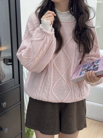 Round Neck Cable Knit Sweater(4 colors)