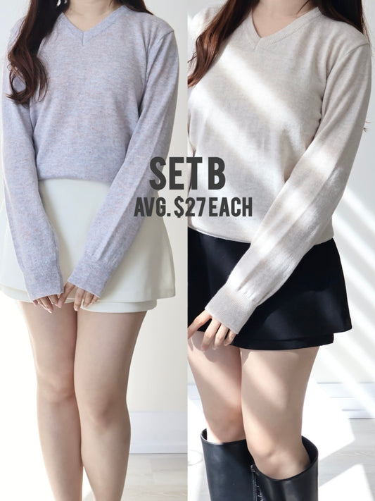 [30% OFF🔥] SET B| Dreamy V-Neck Heather Sweater + Wrinkle-Free Stretch Cotton A-Line Skort