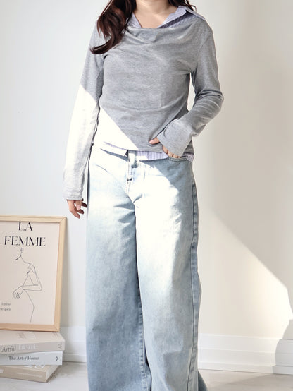 Layered Shirt-Collar Top(Grey)