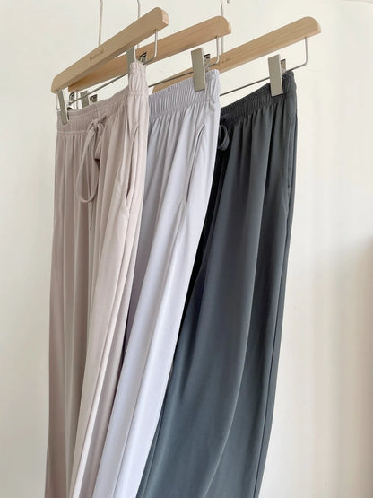 Airy Matte Breathable Wide-Leg Pants with Pockets(Beige)