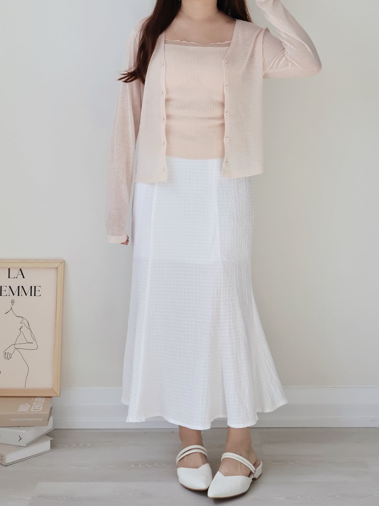 Romantic Sheer Trim Bra Top + Airy Tencel Cardigan(Peach)