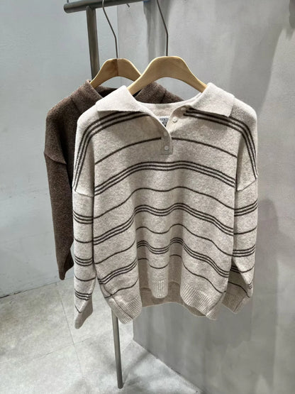 [5% WOOL] Collar Striped Loose Fit Sweater (4 colors)