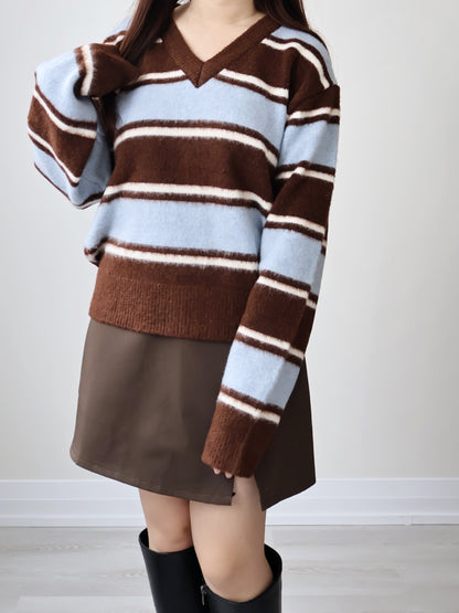 V-neck Retro Striped Sweater(Brown)