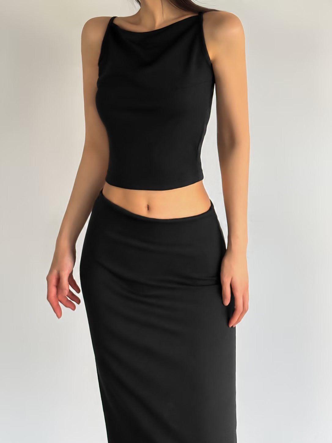 Cloud Touch Halter Tank Top + Hidden Elastic Waist Stretch Midi Skirt Set(4 Colors)