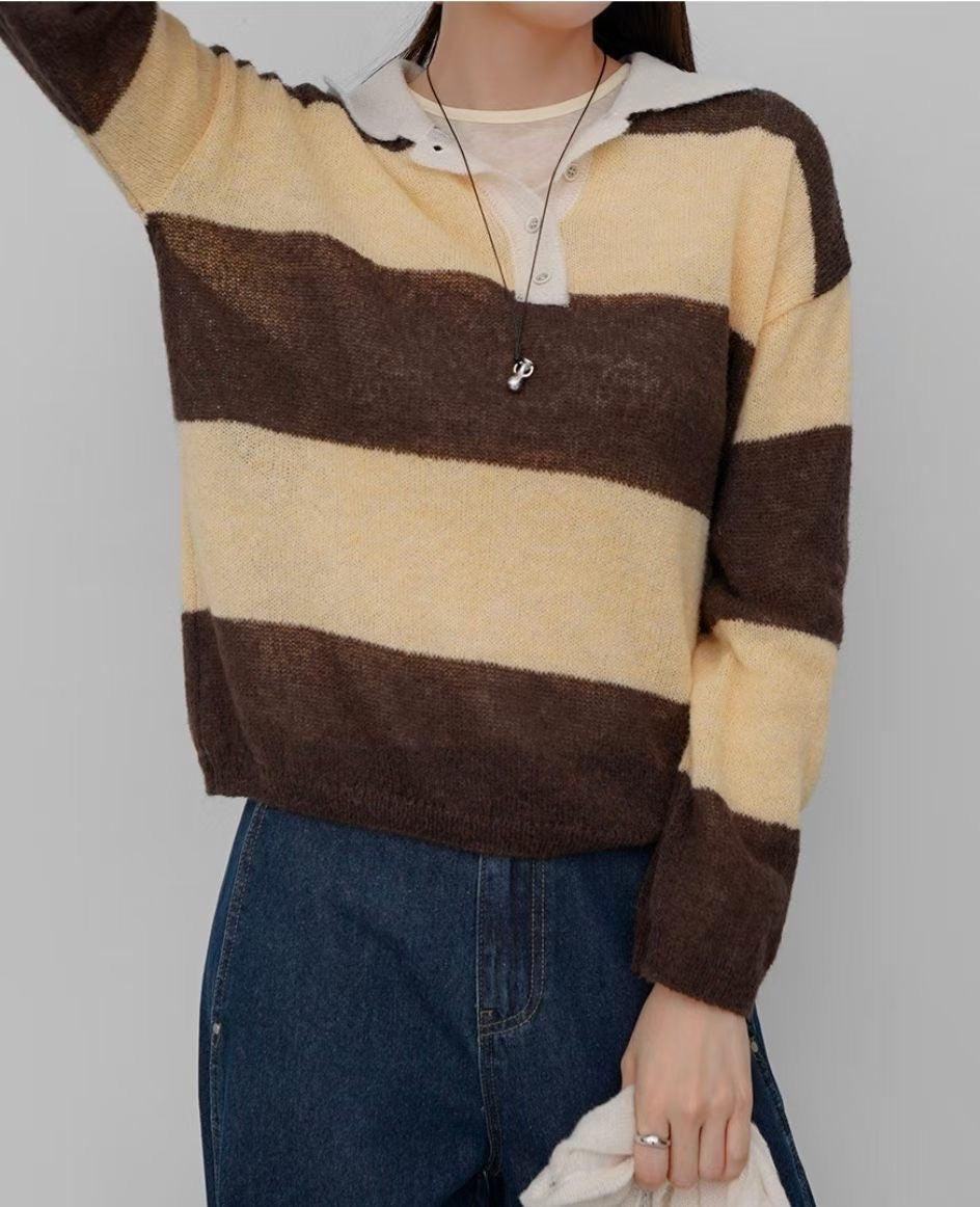 [20% Wool] Preppy Stripe Polo Sweater(5 colors)