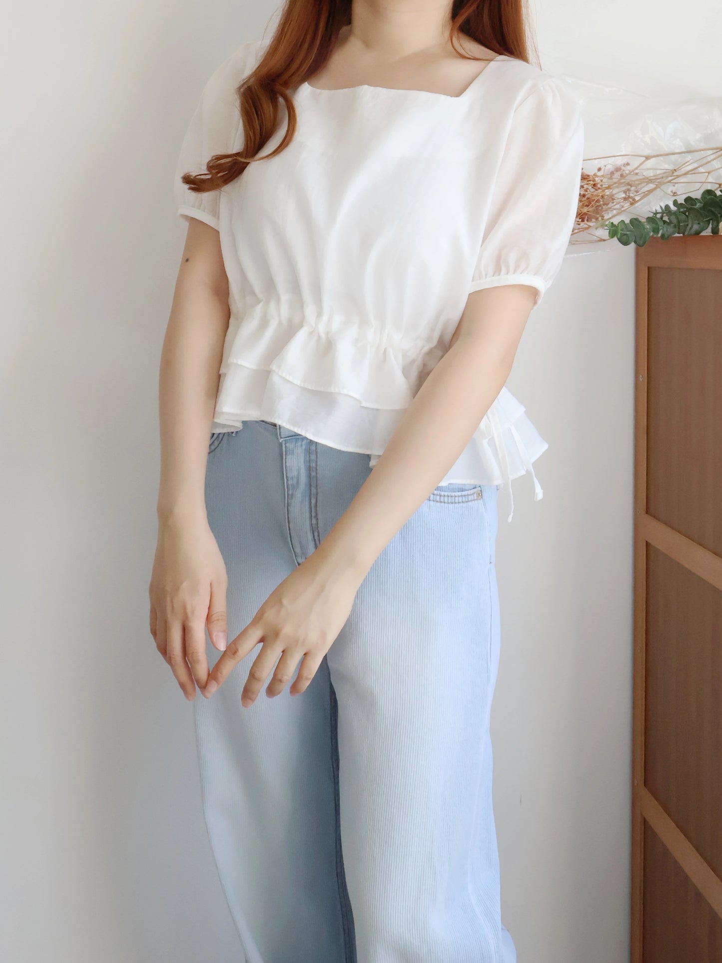 Airy Square-Neck Cinched Chiffon Blouse(Ivory)
