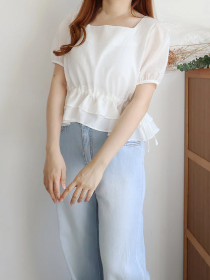 Airy Square-Neck Cinched Chiffon Blouse(Ivory)