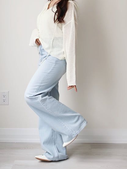 [Half Elastic Waist] Pajama-Soft Lightweight Stretchy Wide-Leg Bootcut Jeans(Light Blue)