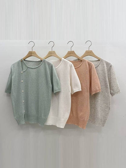 Elegant Eyelet Buttoned Linen Knit Top(4 Colors)