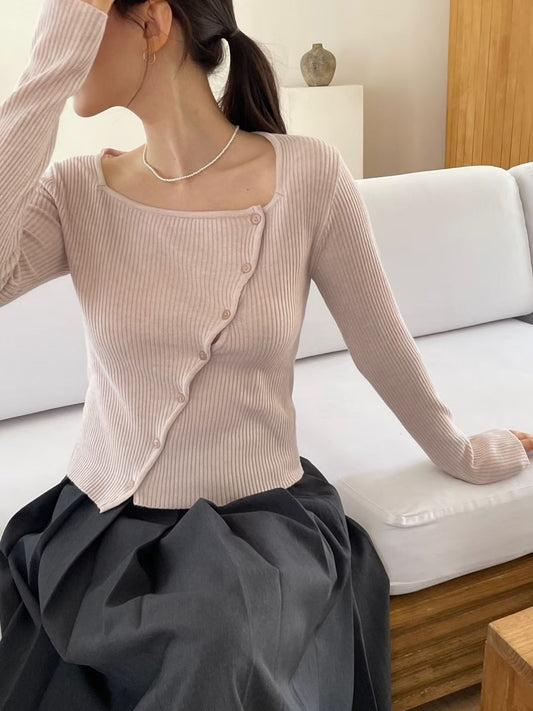 Square Neck Unbalanced Buttons Knit Top(4 colors)