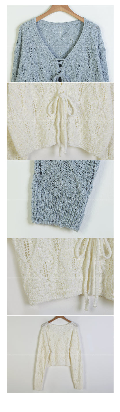 V-Neck Pointelle Tie-Front Knit Cardigan(5 colors)