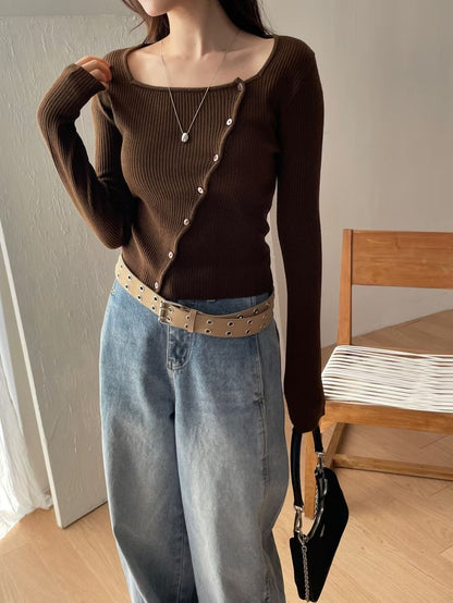 Square Neck Unbalanced Buttons Knit Top(4 colors)