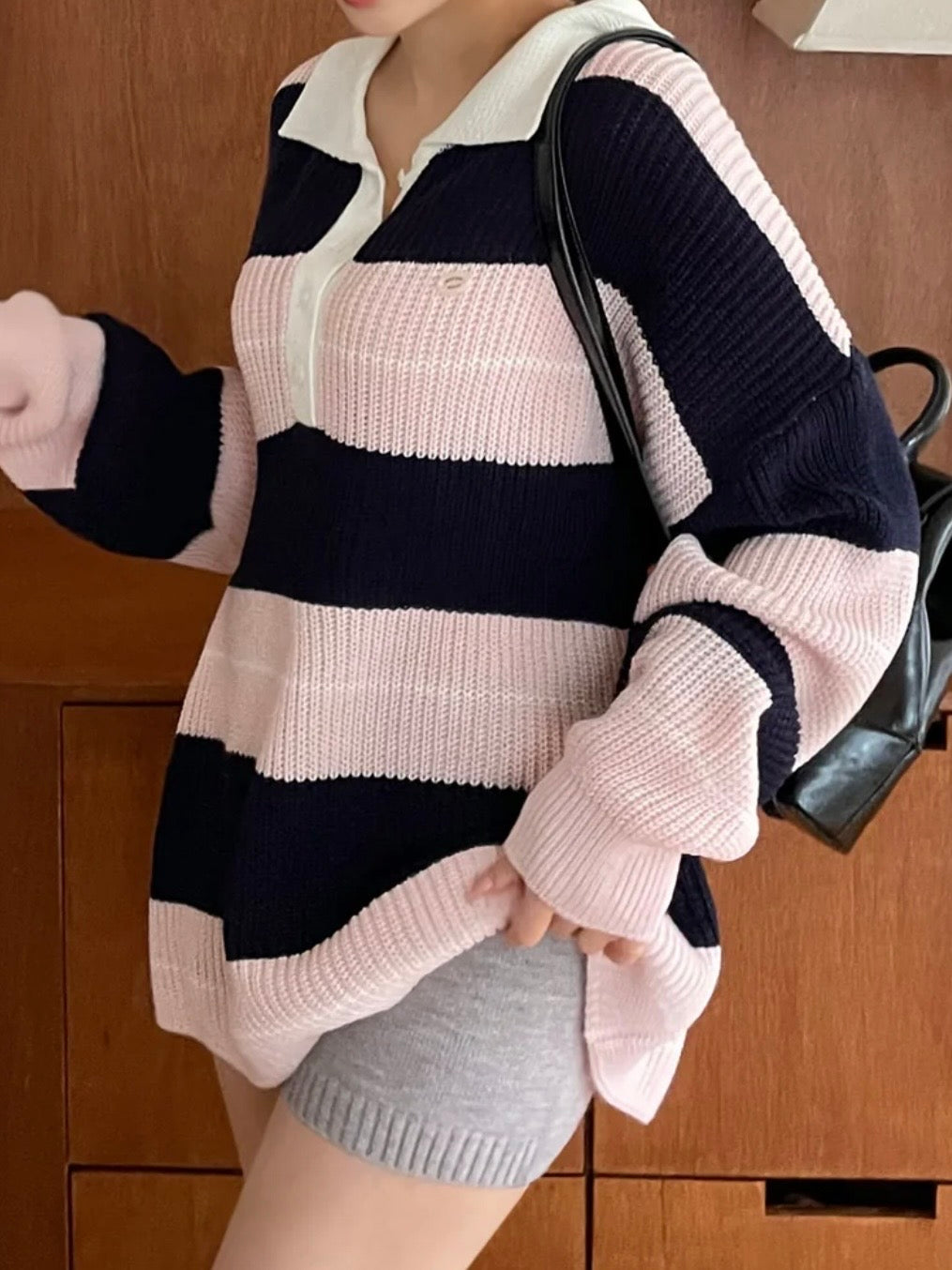 Relaxed Stripe Knit Top with Lapel Collar(4 colors)