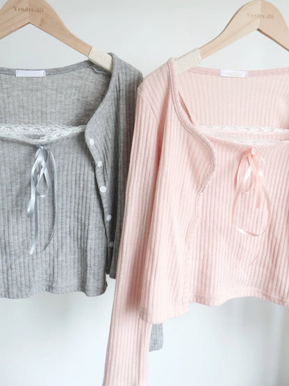 [2-Piece Set] Romantic Balletcore Lace Cami & Cardigan Set(Grey)