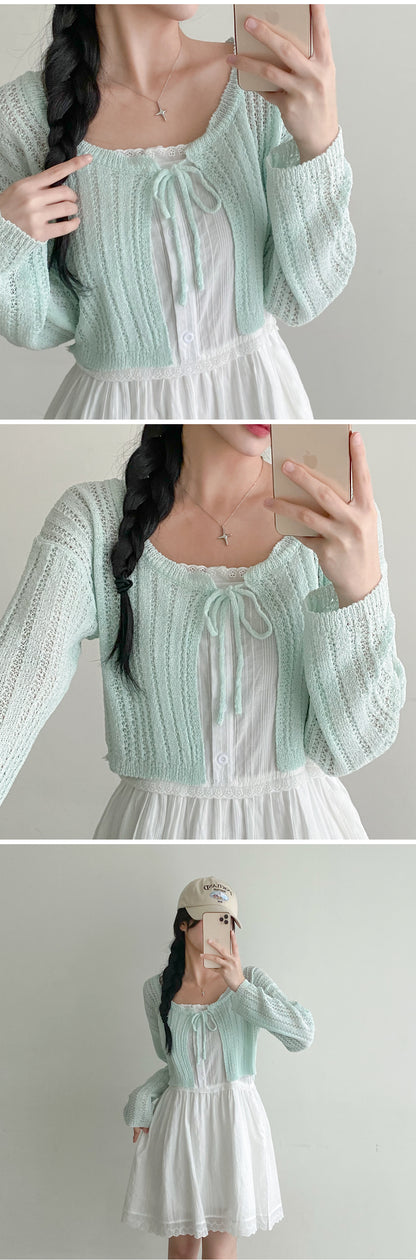 Romantic Ribbon Pointelle Knit Cropped Cardigan(5 colors)
