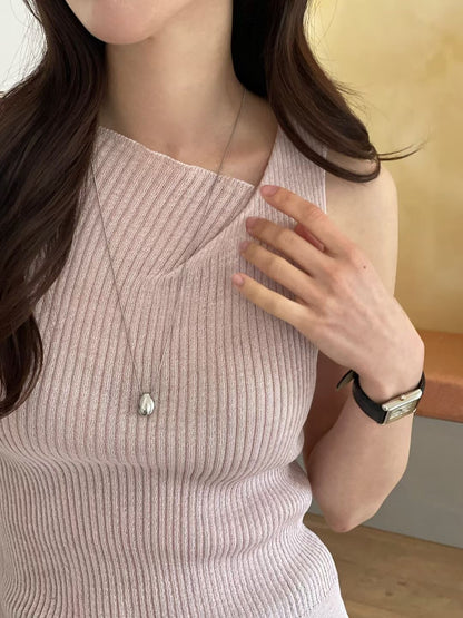 Simple Asymmetric-Neck Linen Knit Tank(5 Colors)