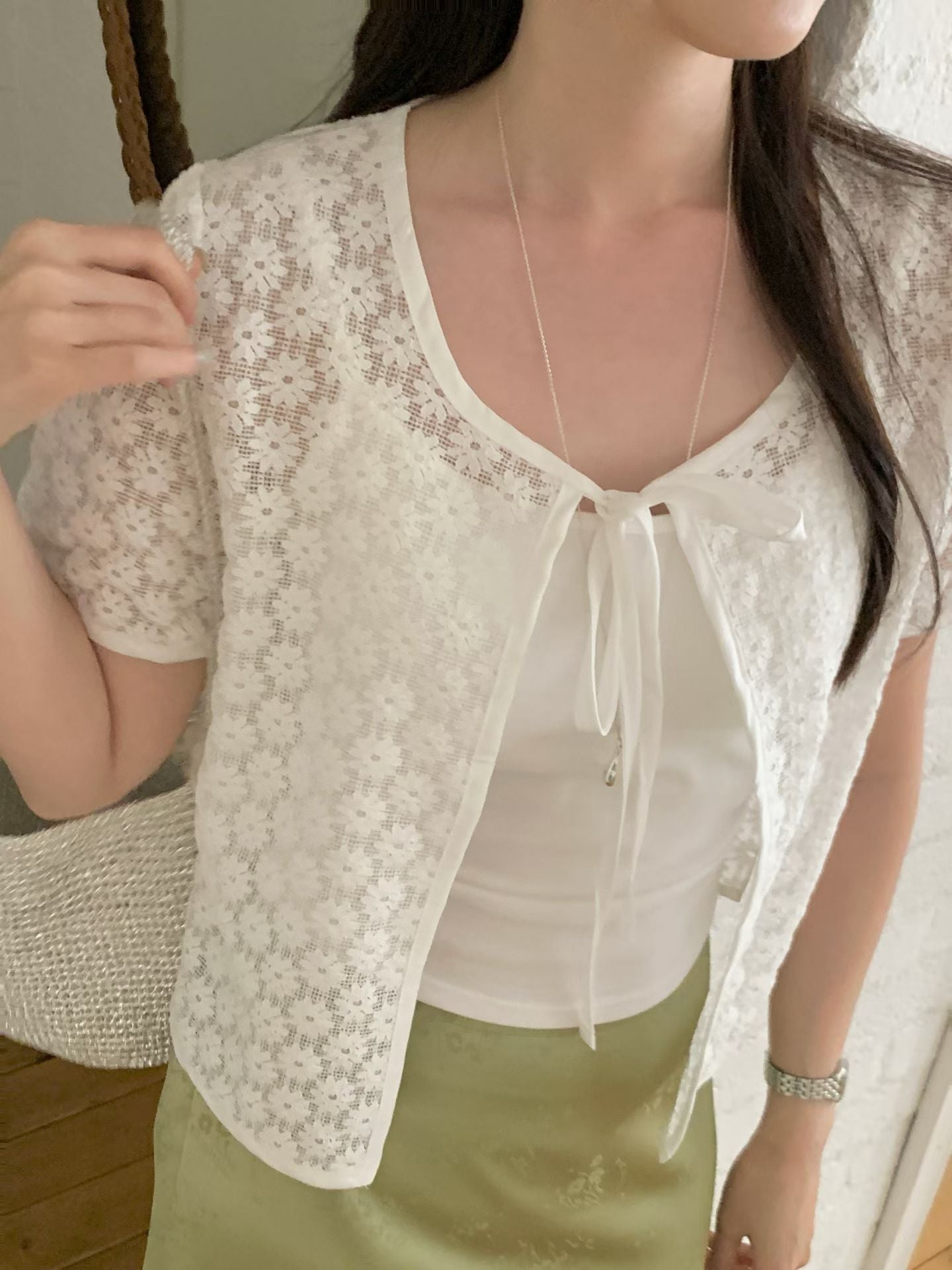 Dainty Daisy Hollow-Out Sheer Bow-Tie Cardigan(2 colors)