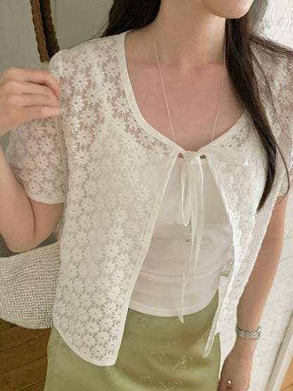 Dainty Daisy Hollow-Out Sheer Bow-Tie Cardigan(2 colors)