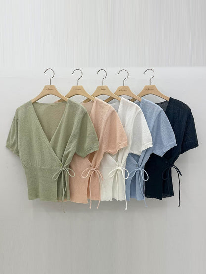 Elegant Tie-Detail Wrap Knit Top(5 Colors)