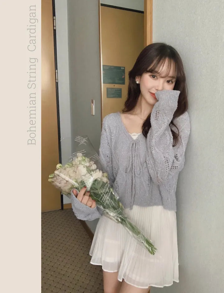 V-Neck Pointelle Tie-Front Knit Cardigan(5 colors)