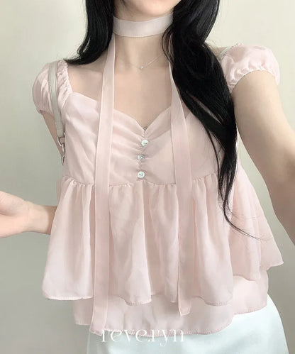 2-Way Flowy Tiered Puff-Sleeve Chiffon Blouse(3 Colors)
