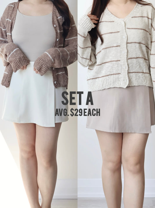 [30% OFF🔥] SET A| Minimalist Striped Snowy Yarn Cardigan+ Layered A Line Culotte Skort
