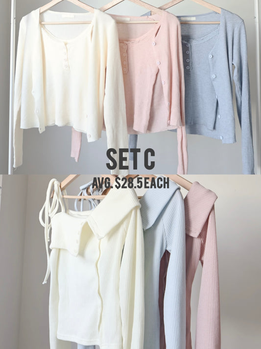 [30% OFF🔥] SET C| Romantic Lace Mochi Cardigan Set + Romantic Ribbon Collar Off-Shoulder Top