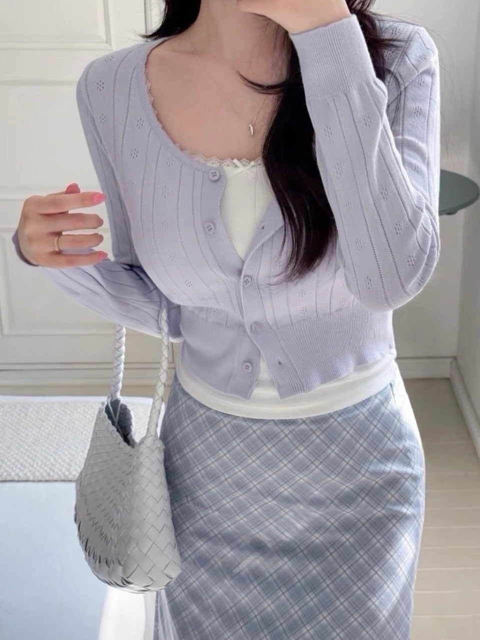 Soft Lace-Trim Eyelet Knit Cardigan(Lavender)