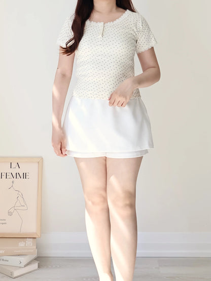 Ditsy Floral Lace-Trim Pastel Top(Cream)