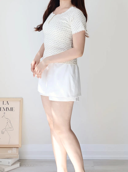 Ditsy Floral Lace-Trim Pastel Top(Cream)