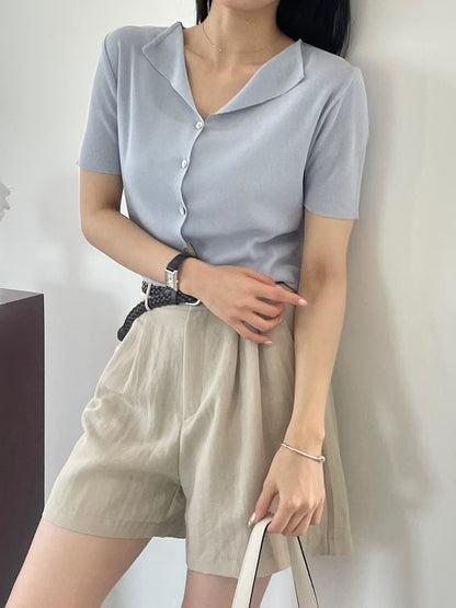 Polo Collar Button-Up Linen Knit Cardigan(5 Colors)