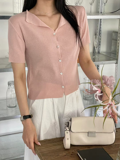 Polo Collar Button-Up Linen Knit Cardigan(5 Colors)