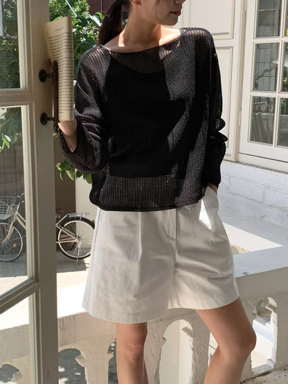 Boat Neck Hollow Knit Top + Knit Cami Set(4 Colors)