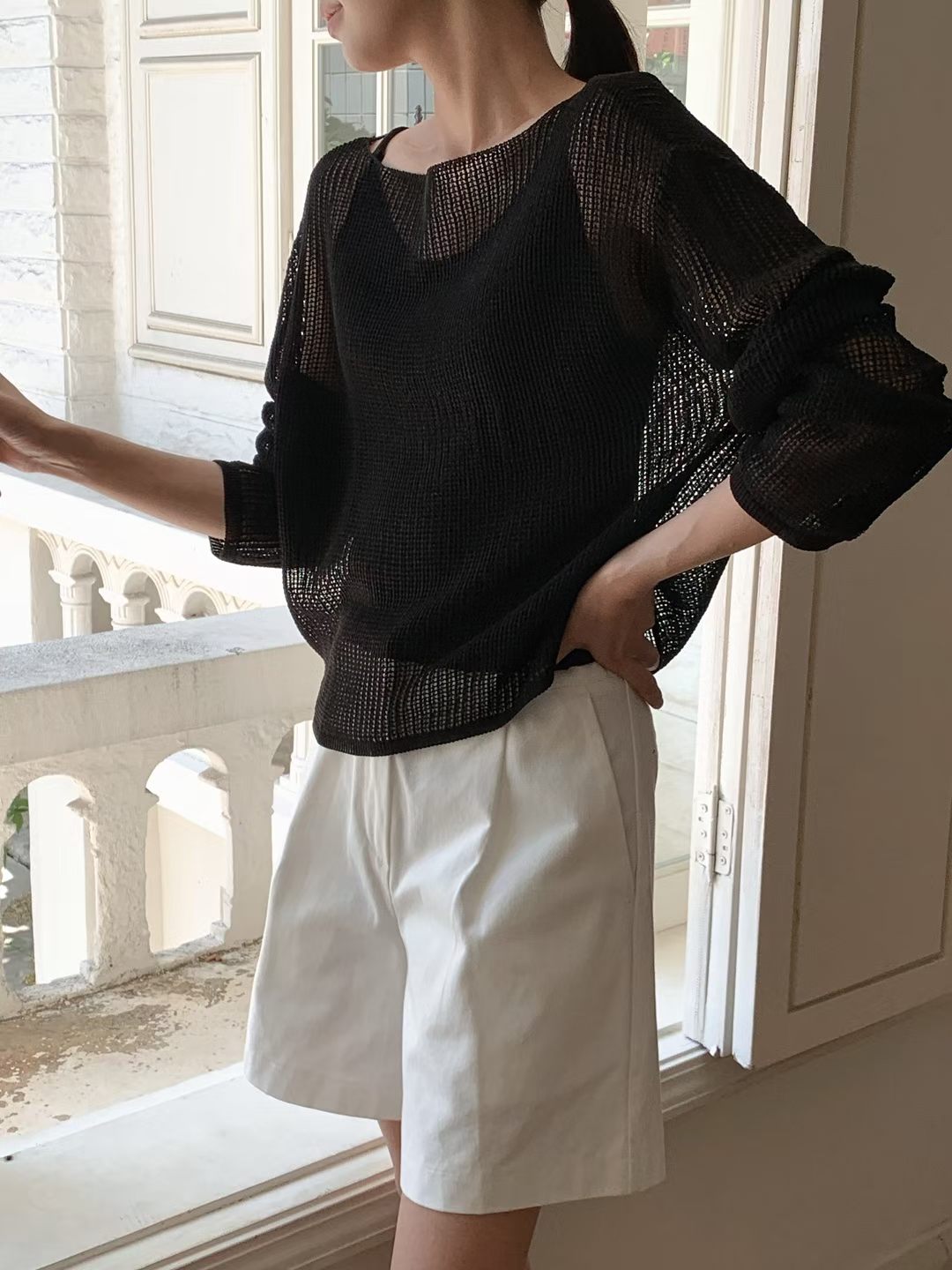 Boat Neck Hollow Knit Top + Knit Cami Set(4 Colors)