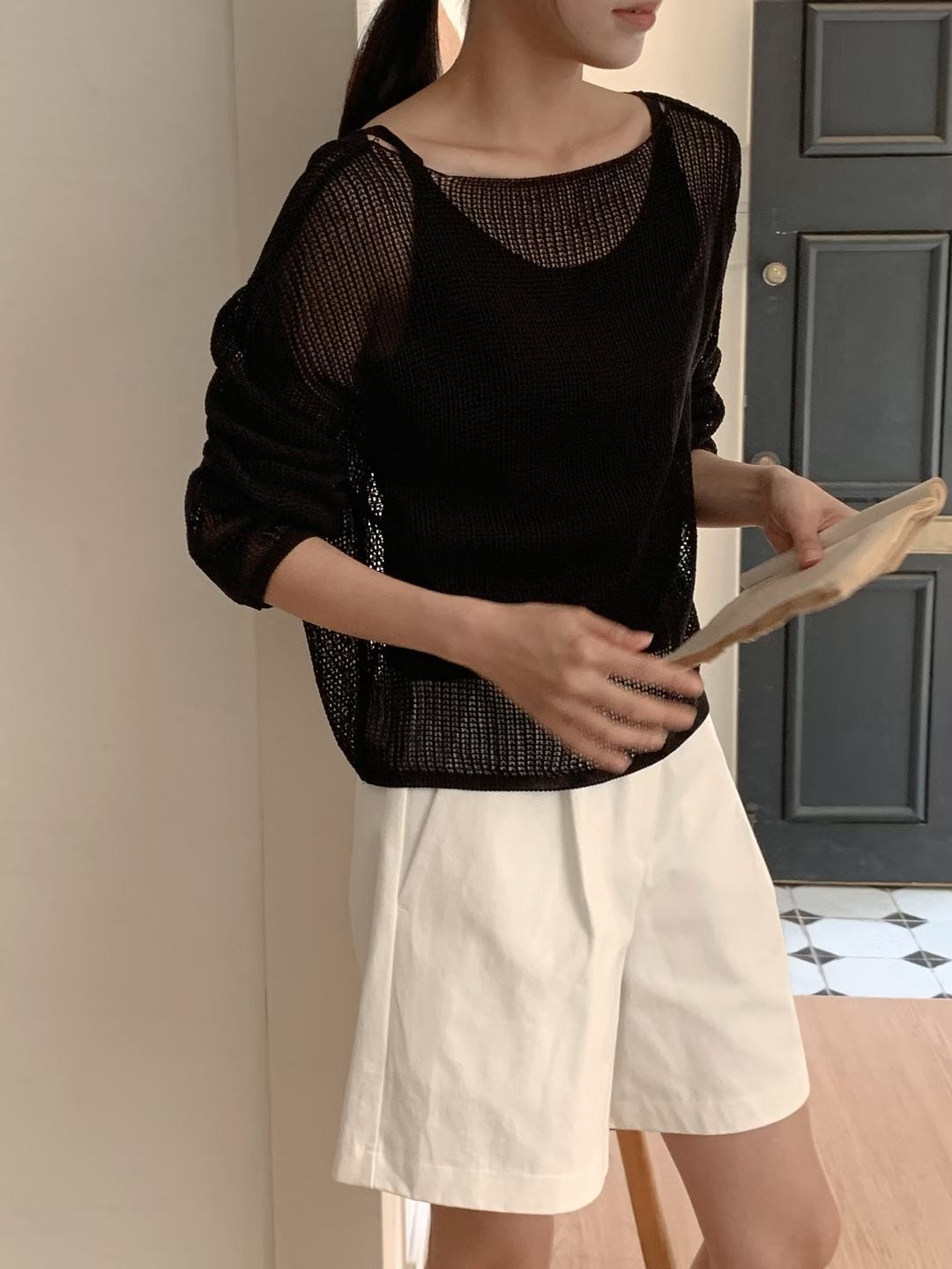 Boat Neck Hollow Knit Top + Knit Cami Set(4 Colors)