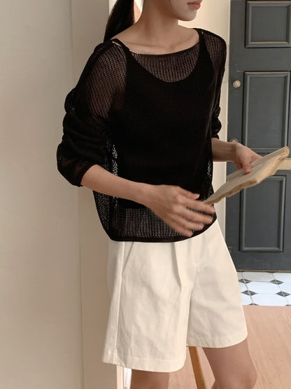 Boat Neck Hollow Knit Top + Knit Cami Set(4 Colors)