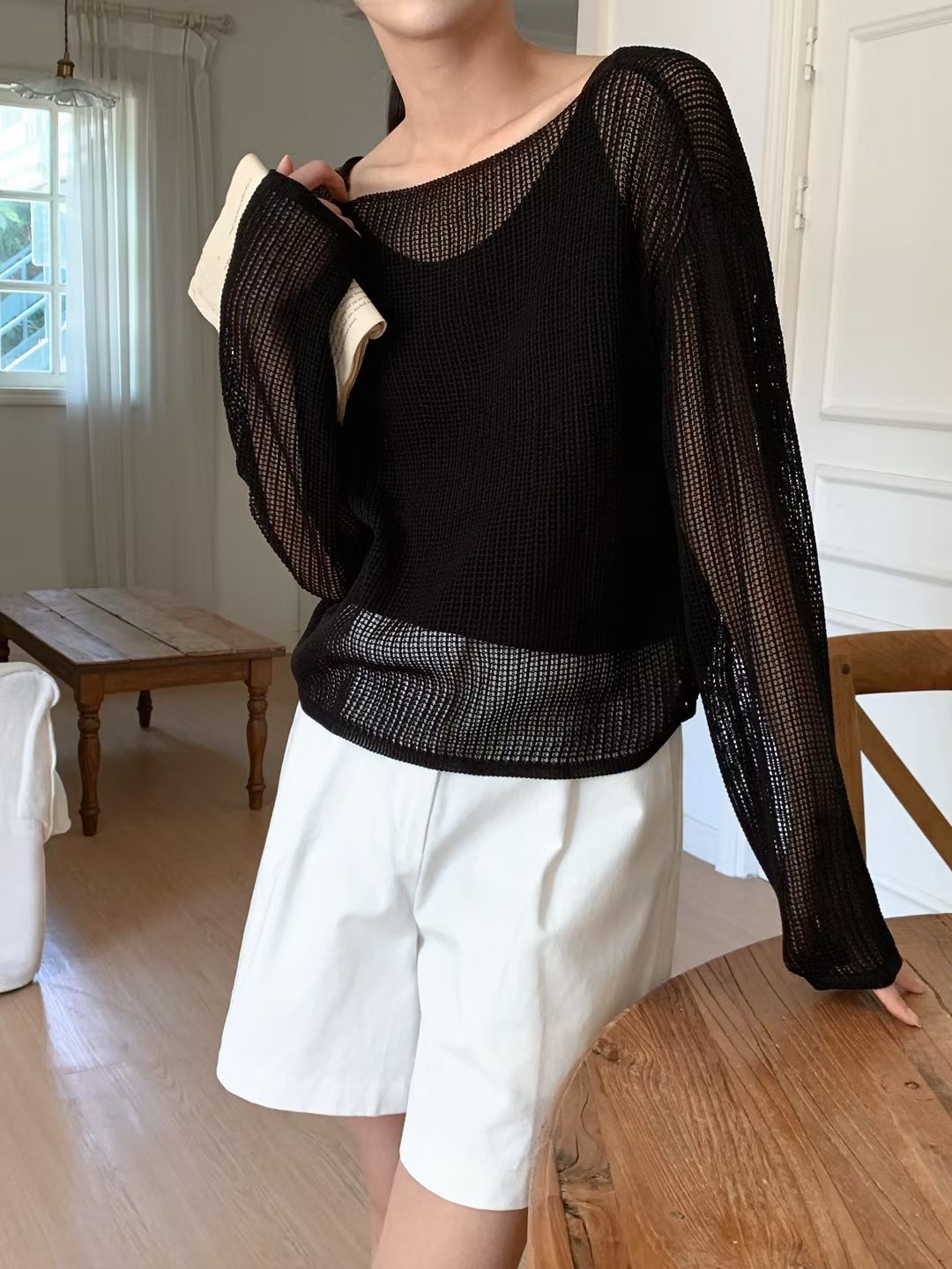 Boat Neck Hollow Knit Top + Knit Cami Set(4 Colors)