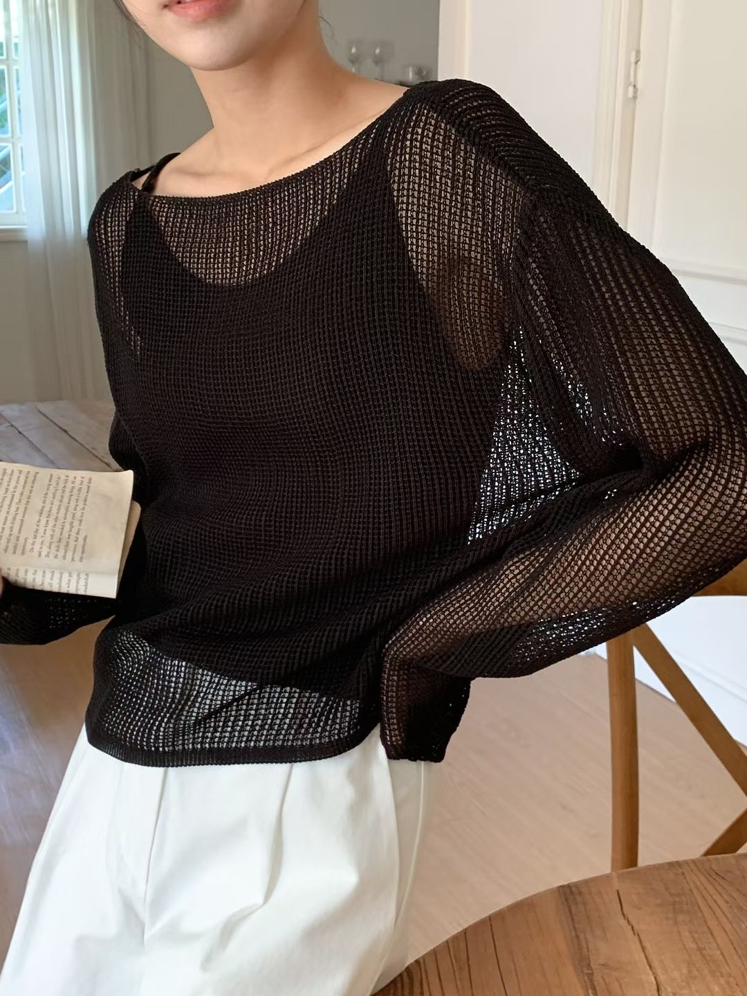 Boat Neck Hollow Knit Top + Knit Cami Set(4 Colors)