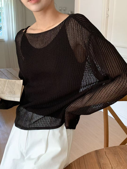 Boat Neck Hollow Knit Top + Knit Cami Set(4 Colors)