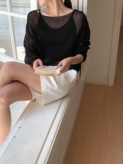 Boat Neck Hollow Knit Top + Knit Cami Set(4 Colors)