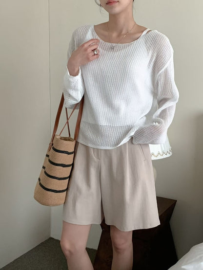 Boat Neck Hollow Knit Top + Knit Cami Set(4 Colors)