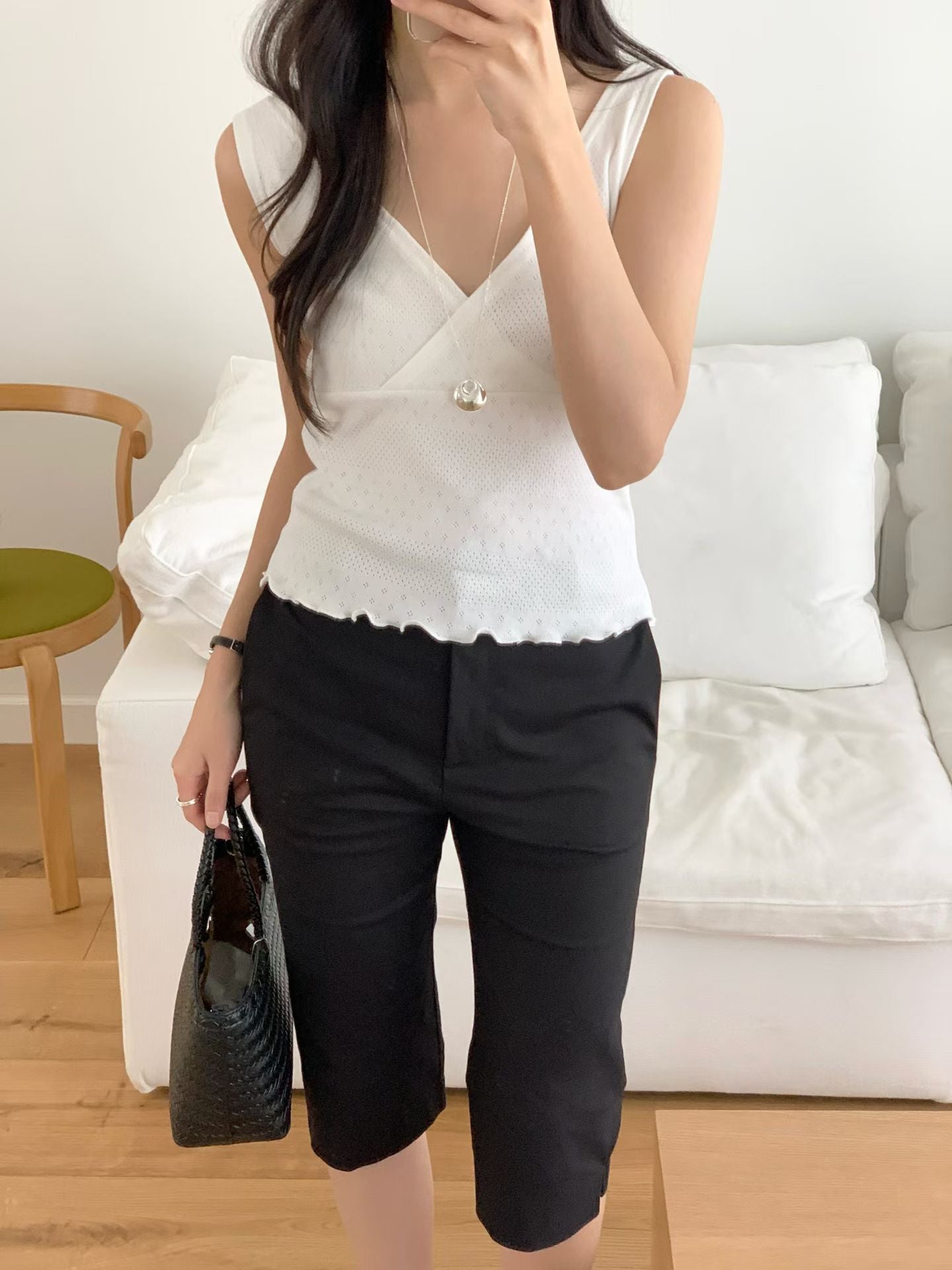 French Overlap V-Neck Eyelet Cotton Tank Top(4 Colors)