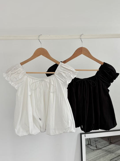 French 2-Way Square Neck Bow Blouse(2 colors)