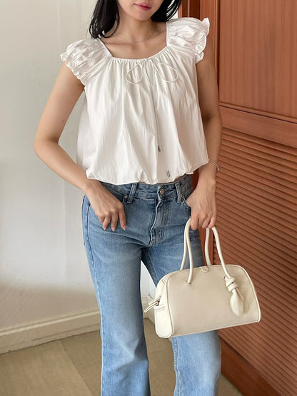French 2-Way Square Neck Bow Blouse(2 colors)