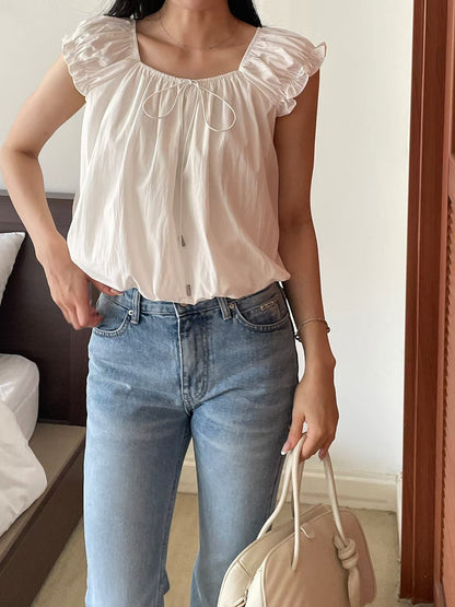 French 2-Way Square Neck Bow Blouse(2 colors)