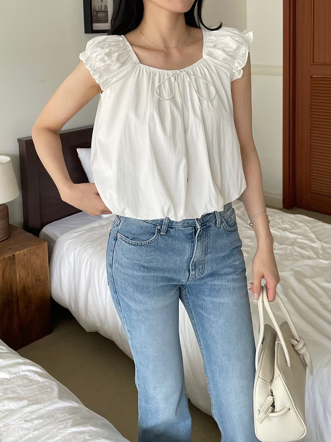 French 2-Way Square Neck Bow Blouse(2 colors)