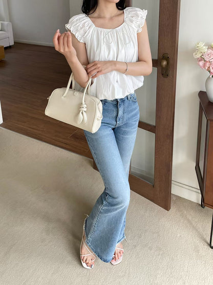 French 2-Way Square Neck Bow Blouse(2 colors)